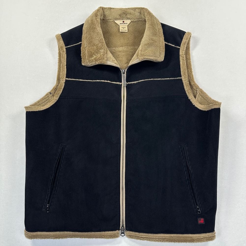 Woolrich Corduroy Vest XL Black Tan Sherpa Lined Full Zip Gorpcore Cabincore